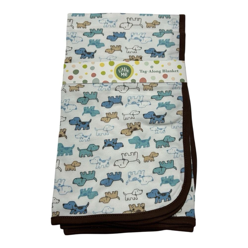 NWT Little Me Blue Brown Puppy Dog Tag-Along Cotton Baby Blanket New
